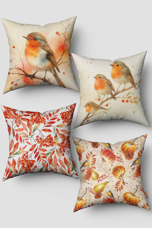 Sonbahar Temalı Nar Bülbülü Desenli 4'lü Kırlent Kılıfı 50x50cm