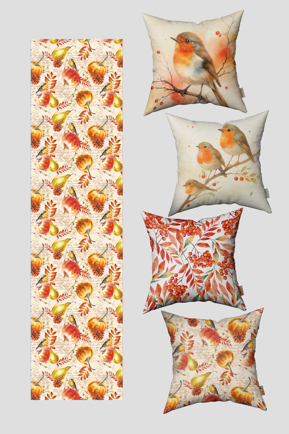 Sonbahar Temalı Nar Bülbülü Desenli 4 Kırlent Kılıfı 1 Runner Seti