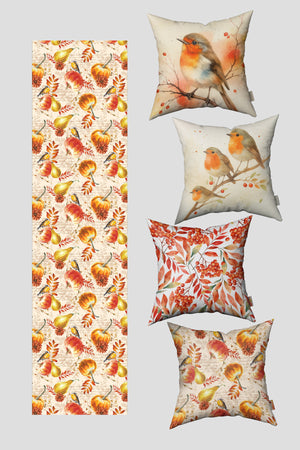 Sonbahar Temalı Nar Bülbülü Desenli 4 Kırlent Kılıfı 1 Runner Seti