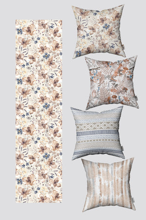 Bohem Botanik Çiçek Desenli 4 Kırlent Kılıfı ve 1 Runner Seti 50x50cm