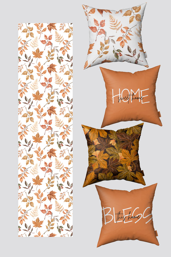 Sonbahar Temalı Yaprak Desenli 4 Kırlent Kılıfı ve 1 Runner Seti 50x50cm