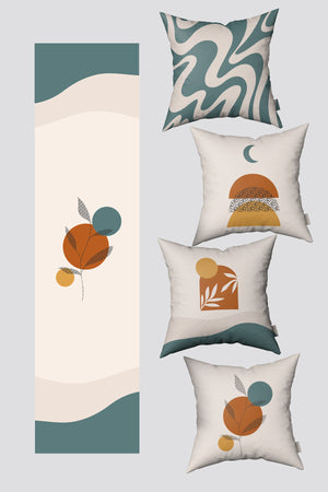 Krem Bohem Geometrik Desenli 4 Kırlent Kılıfı ve 1 Runner Seti 50x50cm