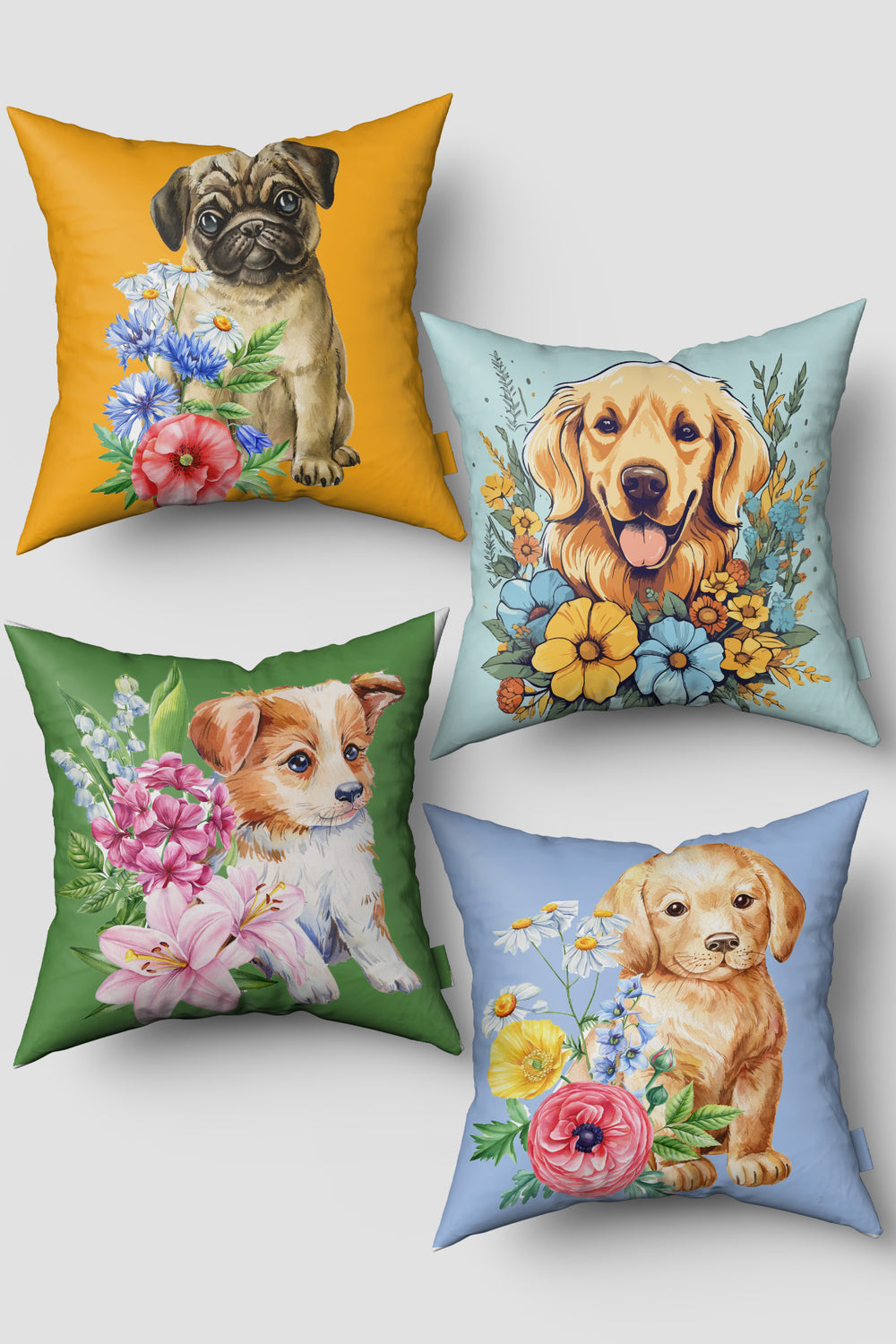 Yeşil Sarı Sevimli Köpekler 4'lü Kırlent Kılıfı Seti