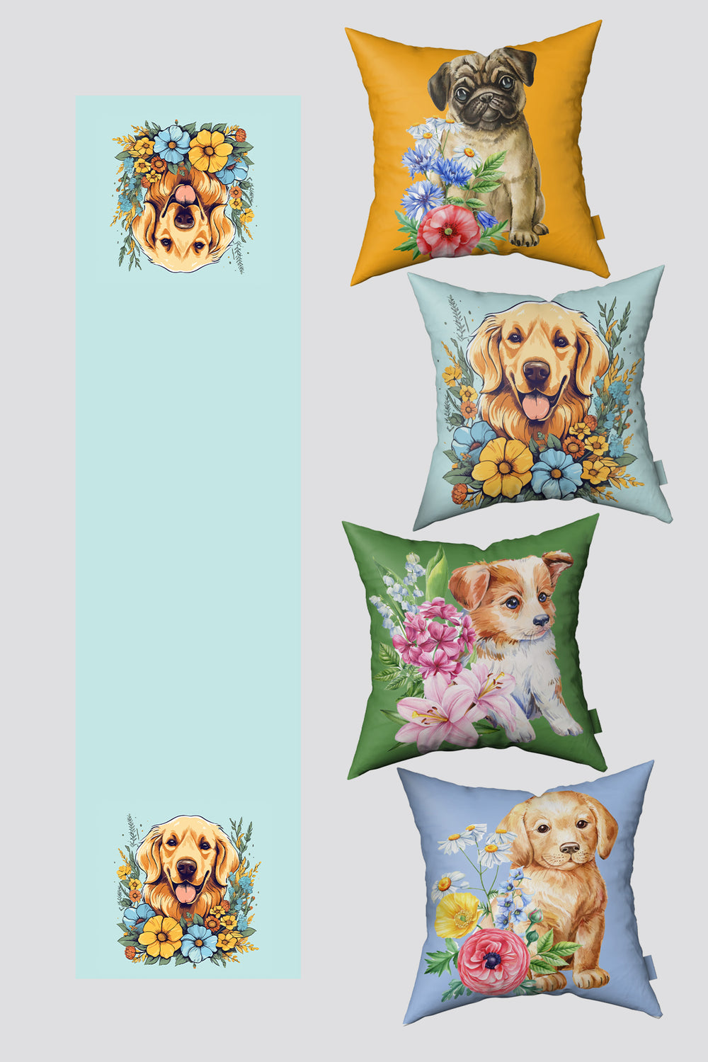 Yeşil Sarı Sevimli Köpekler 4'lü Kırlent Kılıfı ve 1 Runner Seti