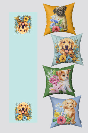 Yeşil Sarı Sevimli Köpekler 4'lü Kırlent Kılıfı ve 1 Runner Seti 50x50cm