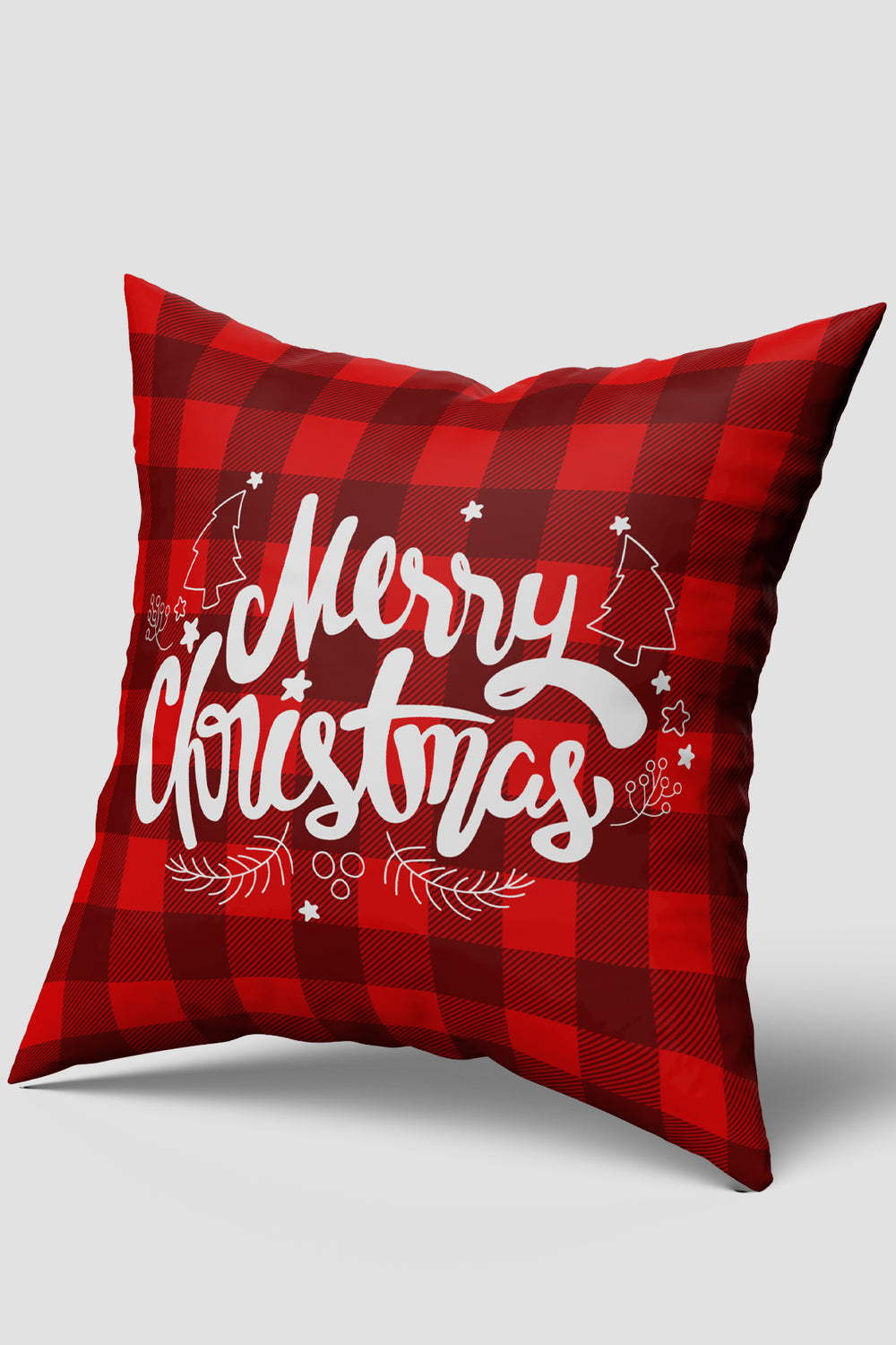 Kırmızı Kare Desenli Merry Christmas Yazılı Yılbaşı Kırlent Kılıfı