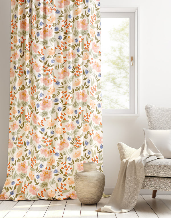 Krem Sevimli Kır Çiçeği Desenli Fon Perde