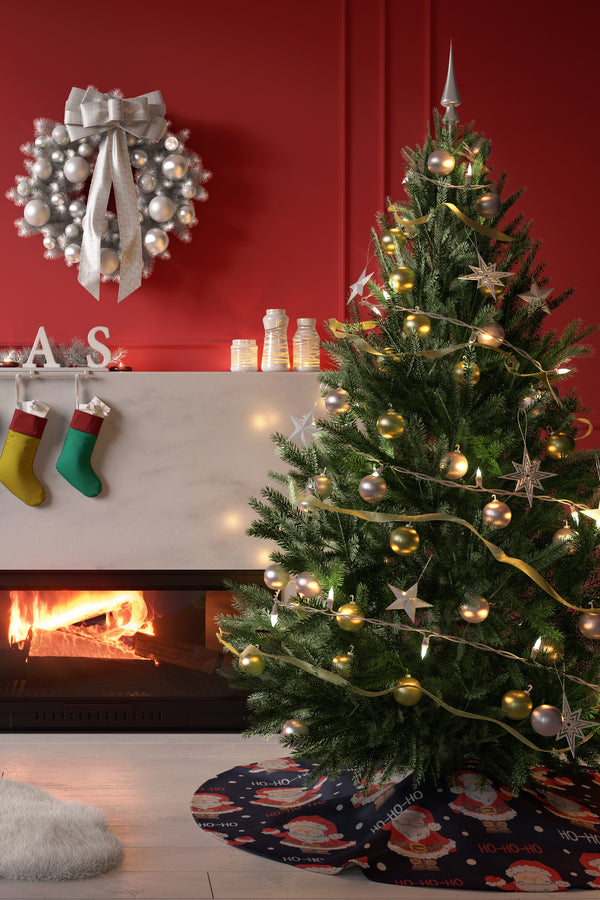 Noel Temalı Noel Baba Desenli Ho Ho Yazılı Yılbaşı Çam Ağacı Örtüsü