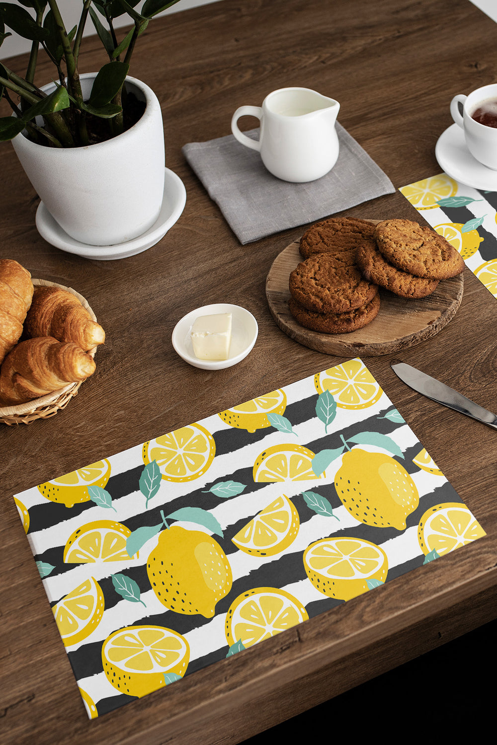 Black and White Striped Lemon Patterned Single Placemat