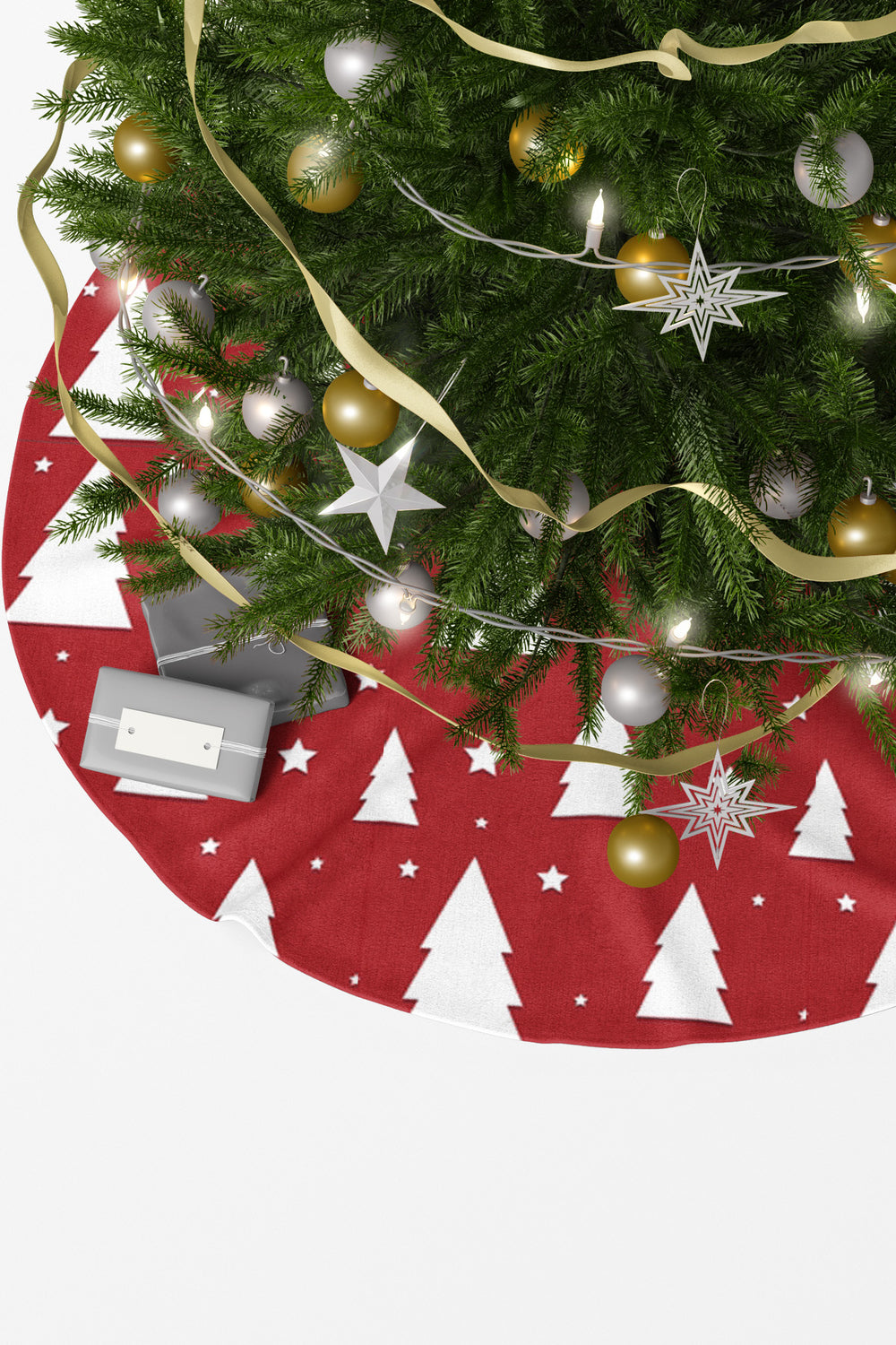 Kırmızı Beyaz Çam Ağacı Desenli Yılbaşı Çam Ağacı Örtüsü