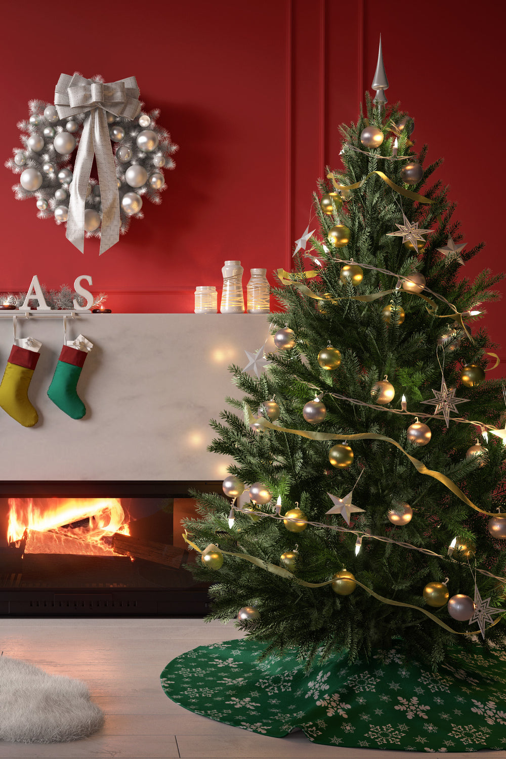 Yeşil Beyaz Kar Taneleri Desenli Yılbaşı Çam Ağacı Örtüsü