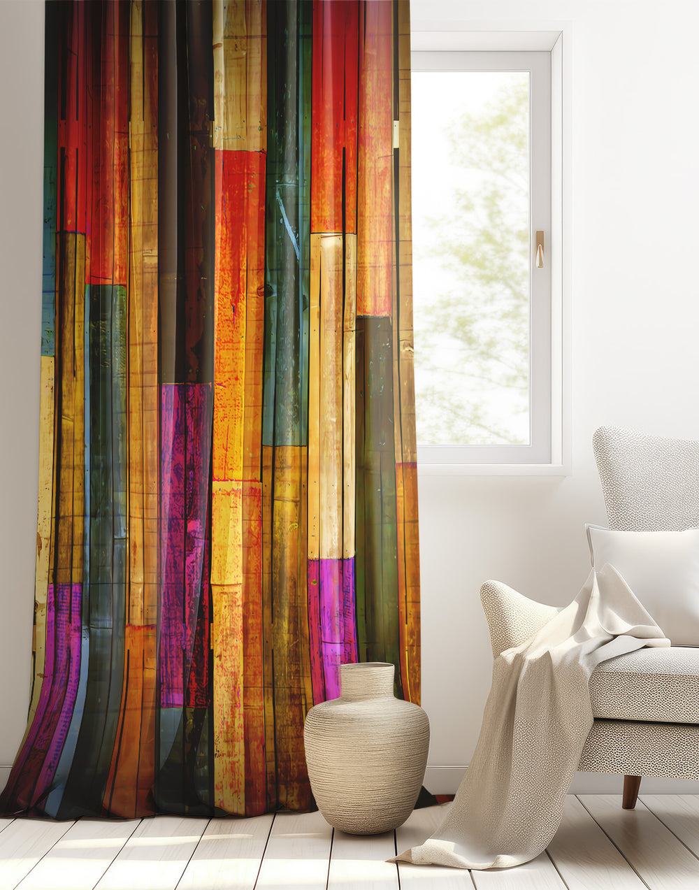 Turuncu Mor Bohem Rustik Desenli Fon Perde