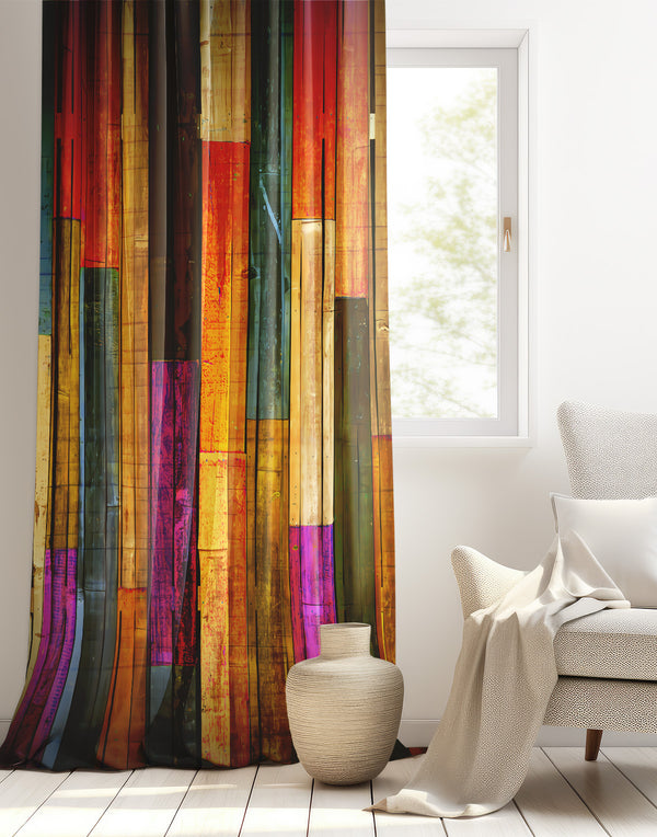 Turuncu Mor Bohem Rustik Desenli Fon Perde