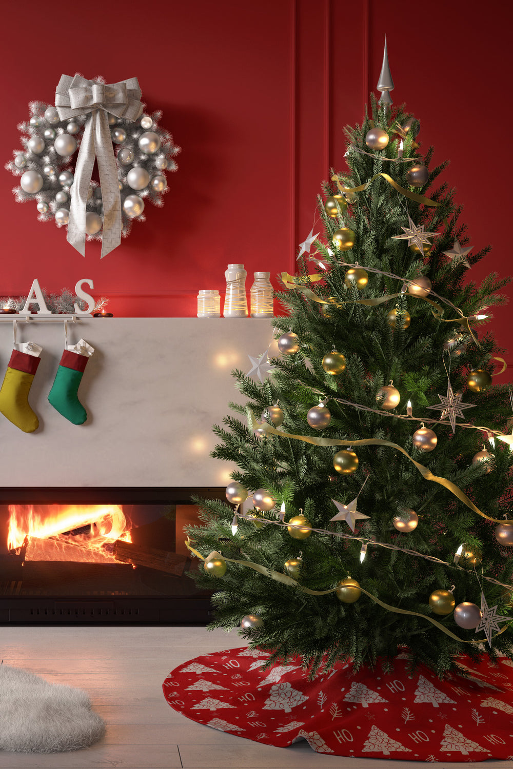 Noel Temalı Çam Ağacı Ve Ho Ho Yazılı Yılbaşı Çam Ağacı Örtüsü