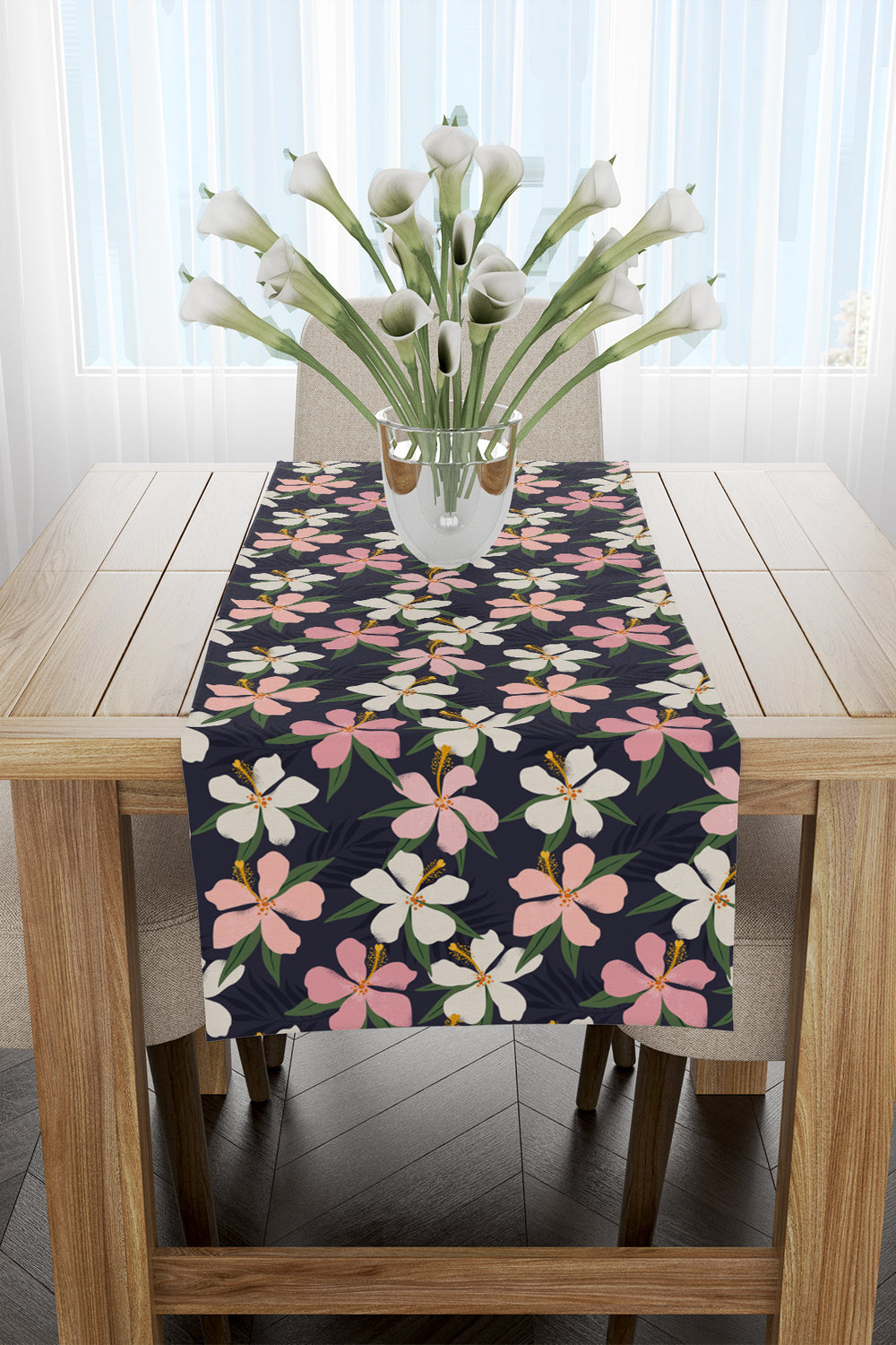 Pembe Beyaz Hibiskus Çiçek Desenli Runner 40x140