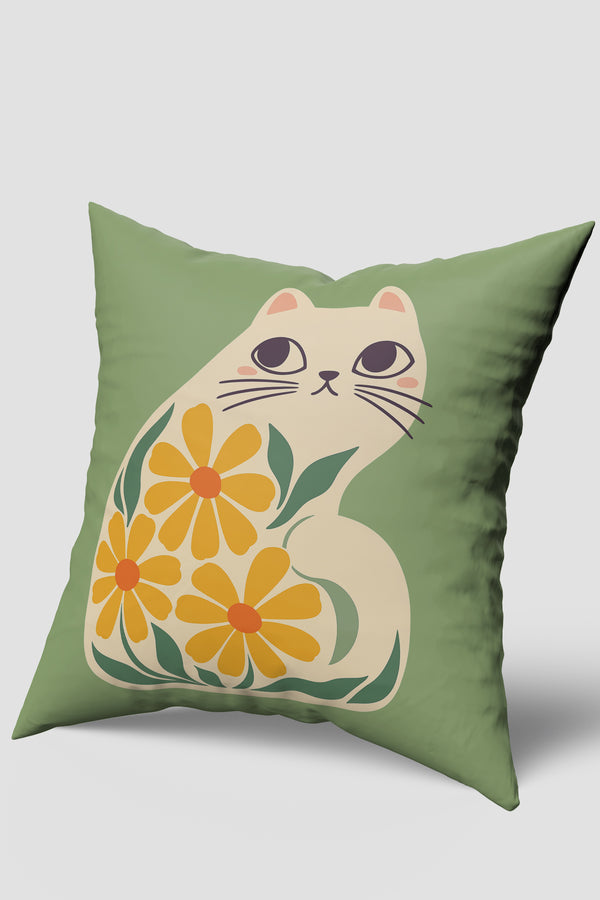 Yeşil Krem Botanik Sevimli Kedi Desenli Kırlent Kılıfı