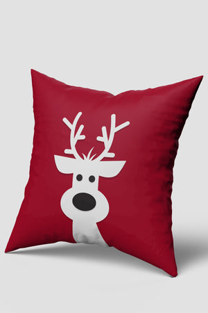 Kırmızı Beyaz Sevimli Geyik Başı Desenli Kırlent Kılıfı