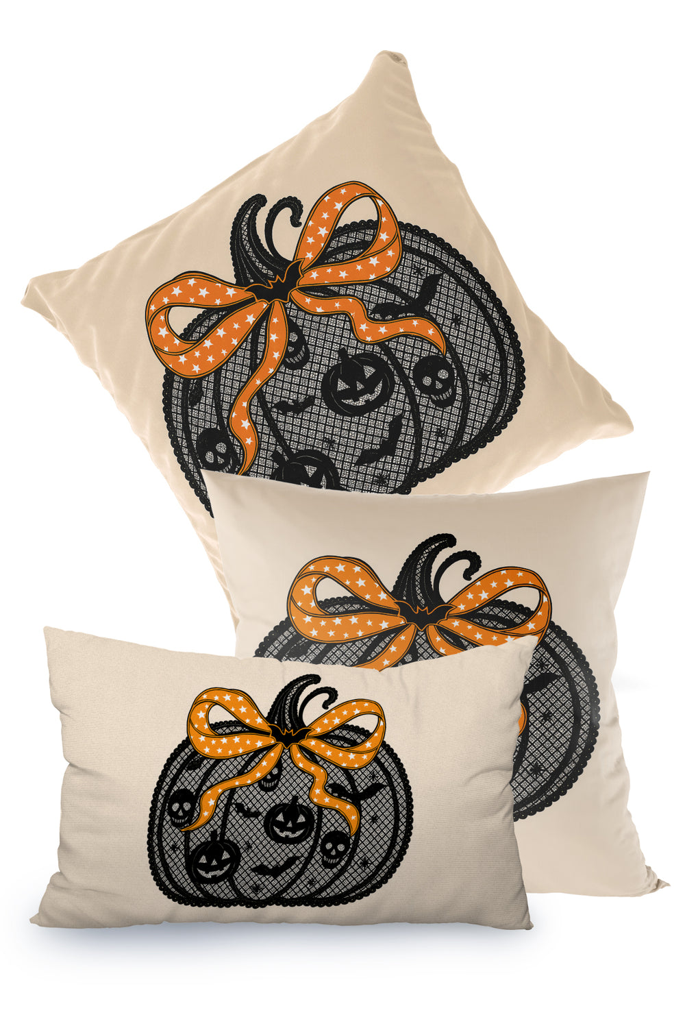 Krem Balkabağı Desenli Halloween Temalı Cadılar Bayramı Kırlent Kılıfı