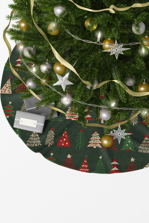 Koyu Yeşil Kırmızı Çam Ağacı Desenli Yılbaşı Çam Ağacı Örtüsü