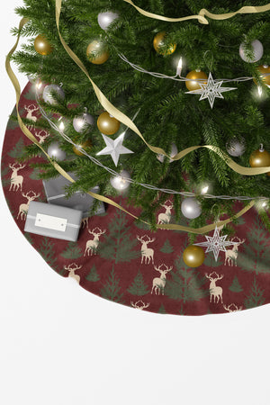 Bordo Çam Ağacı ve Geyik Desenli Yılbaşı Çam Ağacı Örtüsü