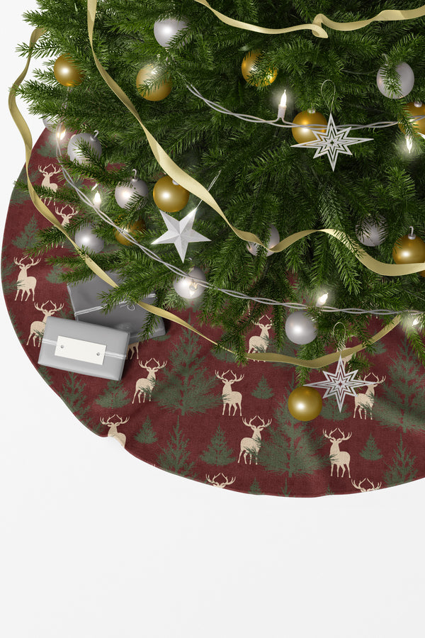 Bordo Çam Ağacı ve Geyik Desenli Yılbaşı Çam Ağacı Örtüsü