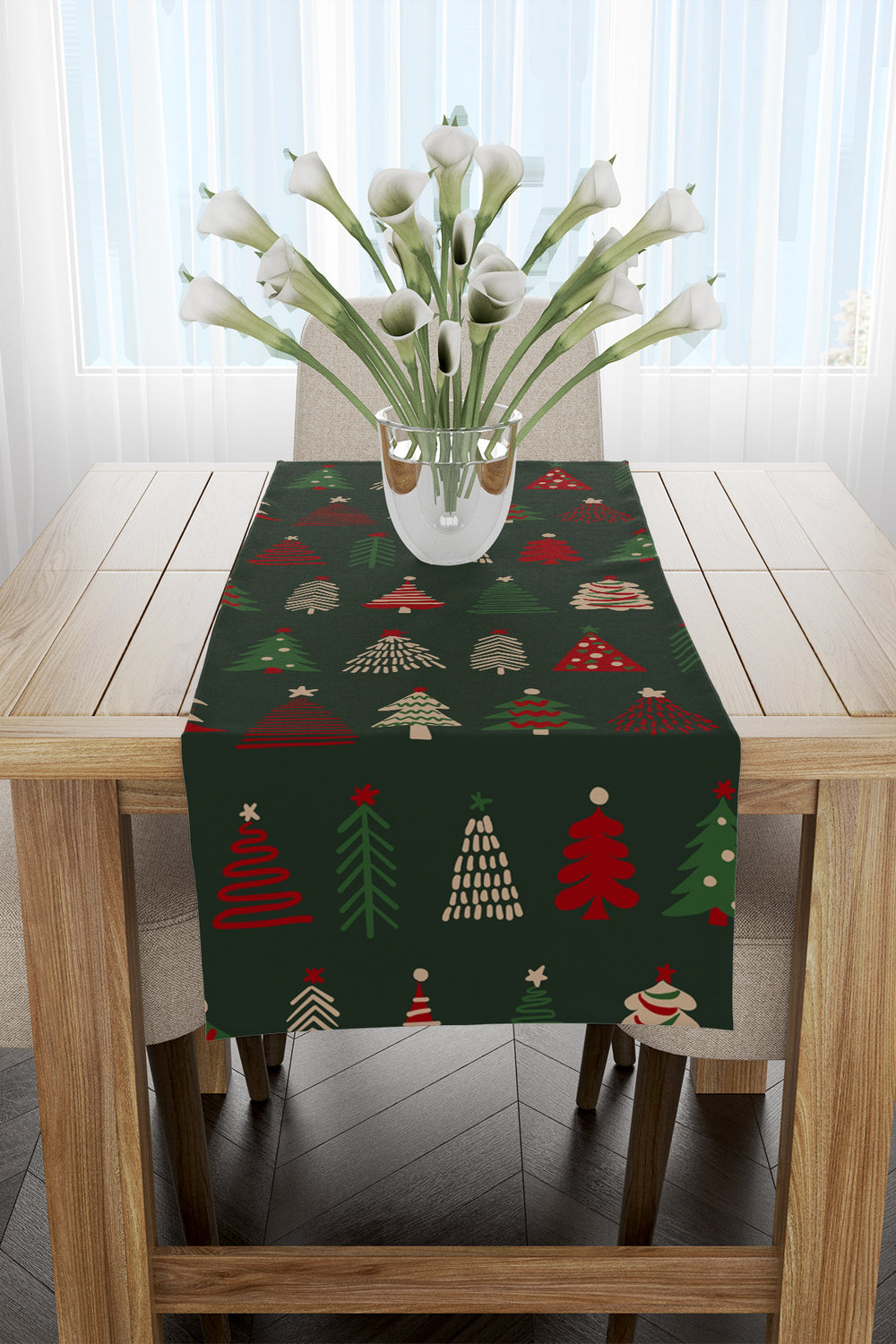 Koyu Yeşil Kırmızı Çam Ağacı Desenli Yılbaşı Runner 40x140