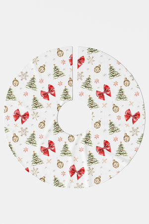 Kırmızı Fiyonk ve Çam Ağacı Desenli Yılbaşı Çam Ağacı Örtüsü