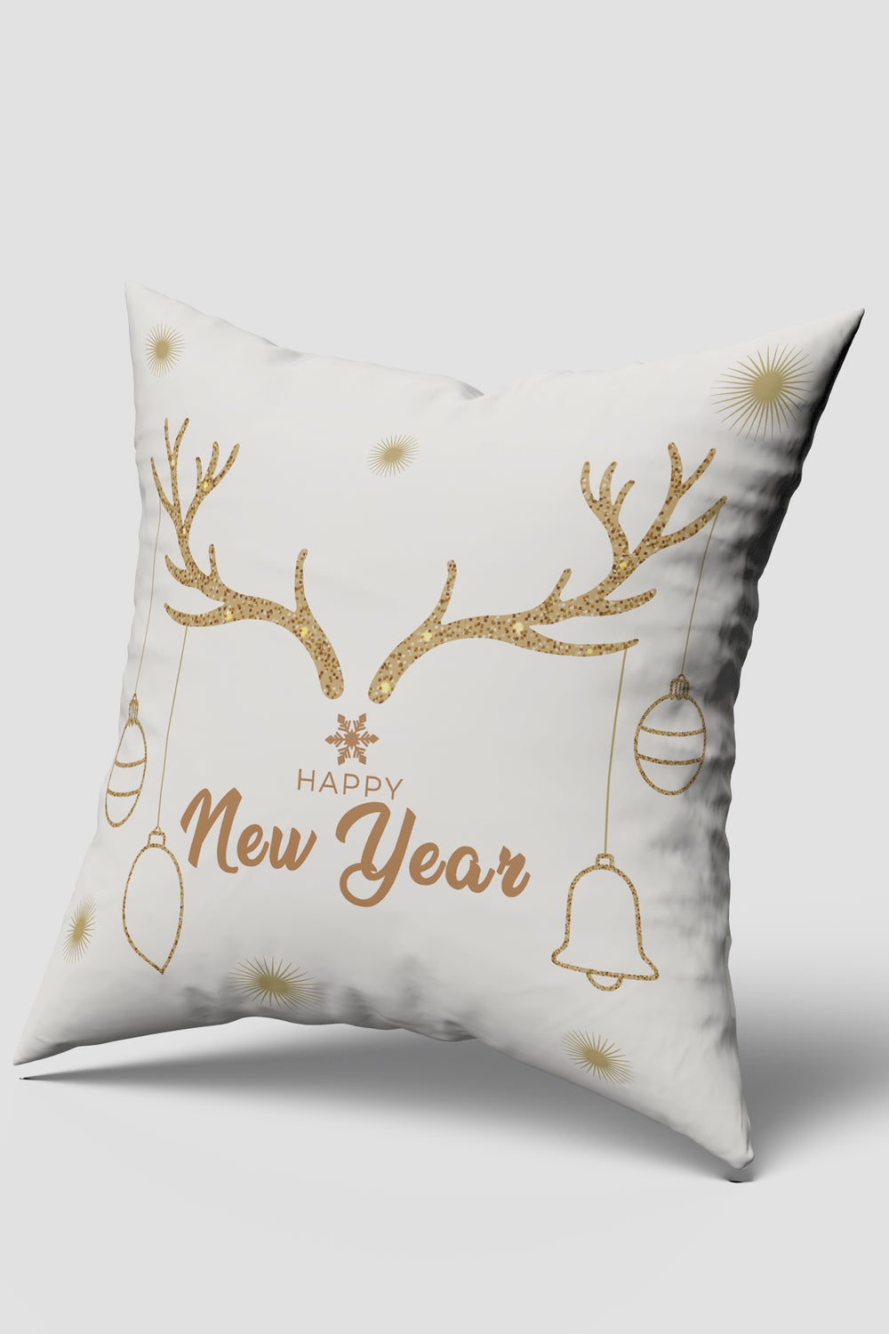 Beyaz Ren Geyiği Boynuzu Desenli Happy New Year Yazılı Yılbaşı Kırlent Kılıfı