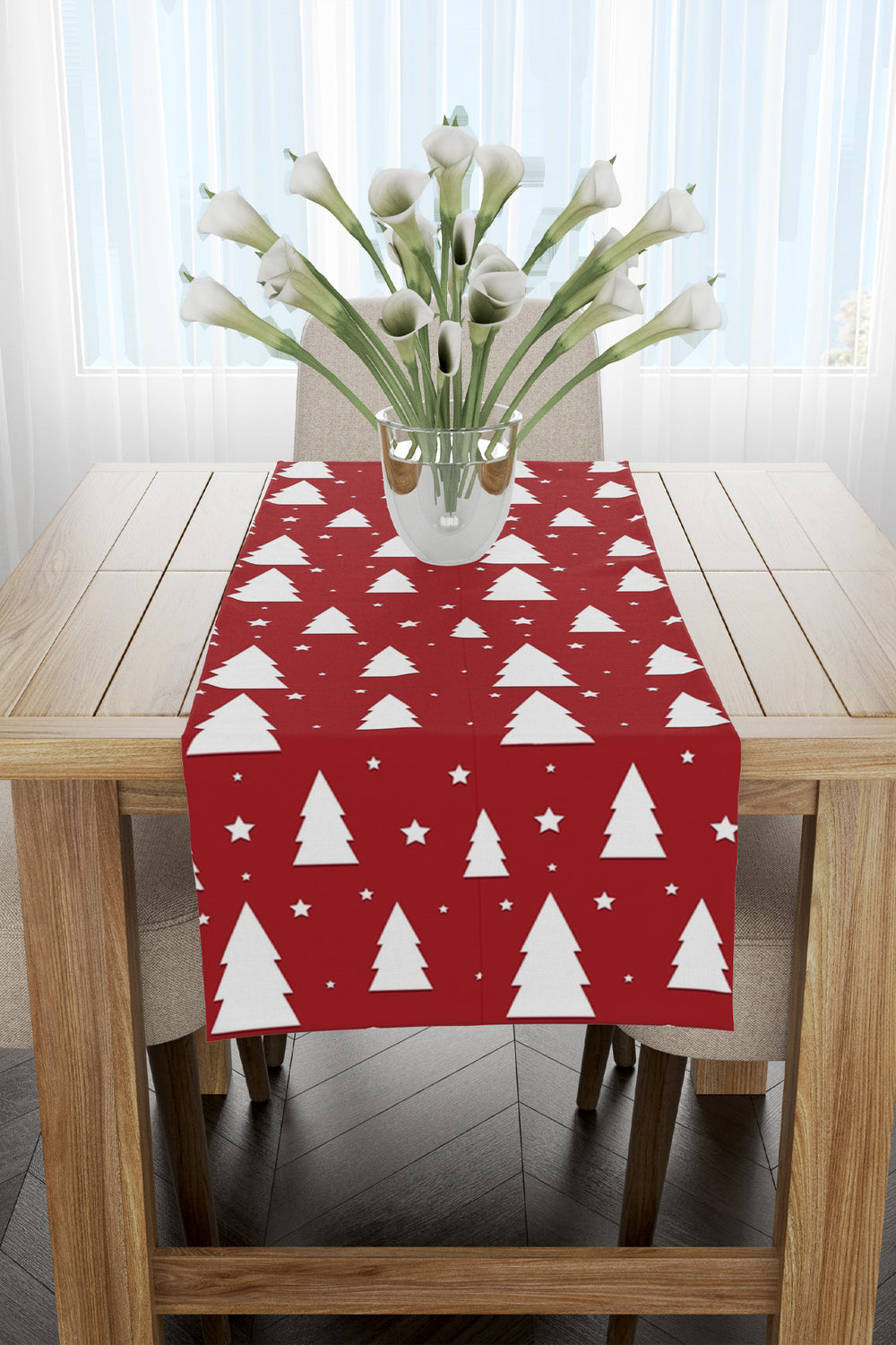 Kırmızı Beyaz Çam Ağacı Desenli Yılbaşı Runner 40x140
