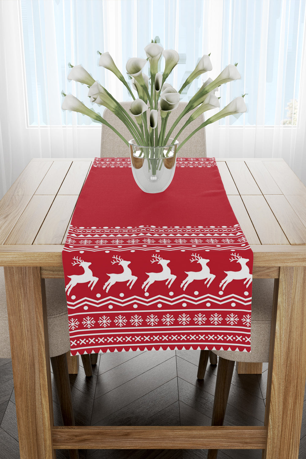 Kırmızı Beyaz Geyik Desenli Yılbaşı Runner 40x140