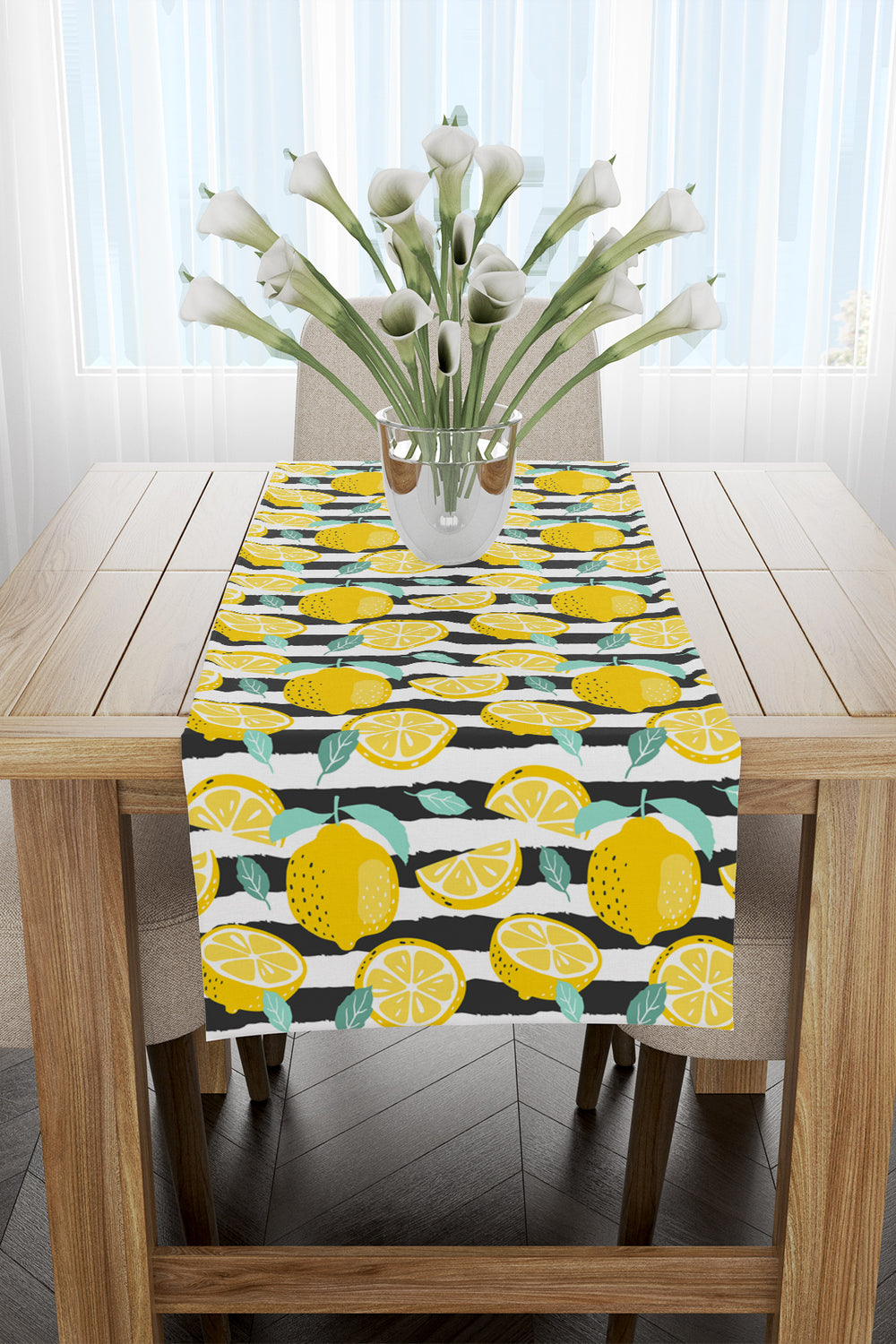 Siyah Beyaz Çizgili Limon Desenli Runner 40x140