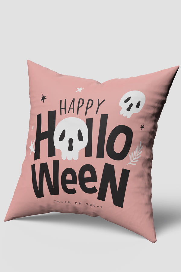 Pembe Happy Halloween Temalı Cadılar Bayramı Kırlent Kılıfı
