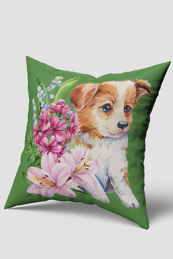 Yeşil Sevimli Köpek Desenli Kırlent Kılıfı
