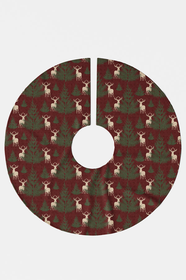 Bordo Çam Ağacı ve Geyik Desenli Yılbaşı Çam Ağacı Örtüsü