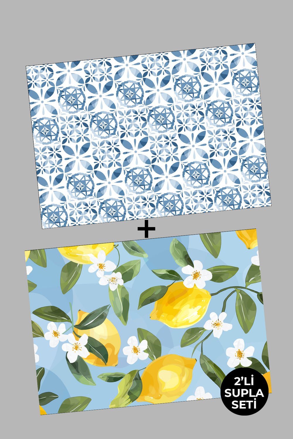 Blue White Lemon Floral Patterned 2-Piece Supla Placemat Set