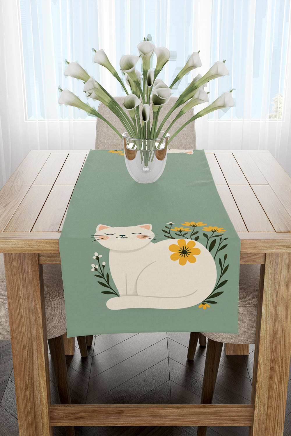 Yeşil Beyaz Kedi Desenli Runner 40x140