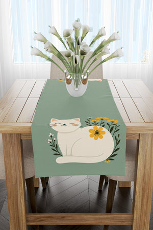 Yeşil Beyaz Kedi Desenli Runner 40x140